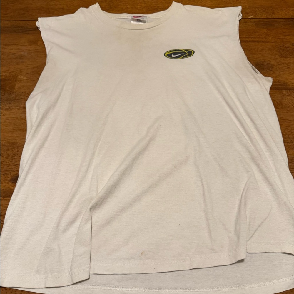 Vintage Nike Basketball White Muscle Tee with Black and Green Logo